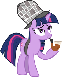 Size: 5602x6911 | Tagged: safe, artist:flizzick, twilight sparkle, unicorn twilight, pony, unicorn, mmmystery on the friendship express, bubble pipe, deerstalker, detective, female, hat, hoof hold, lidded eyes, mare, pipe, quite, simple background, smiling, solo, transparent background, vector