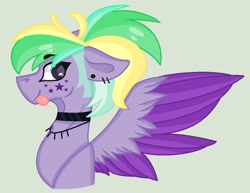 Size: 1018x785 | Tagged: safe, artist:space--paws0w0, derpibooru import, oc, oc only, oc:sky 'strings' star, pegasus, pony, choker, clothes, ear piercing, earring, female, gray background, jewelry, mare, necklace, piercing, ponytail, simple background, socks, solo, striped socks, tattoo