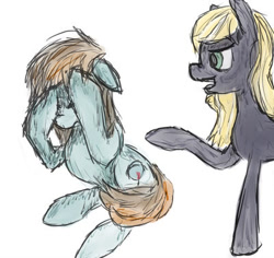 Size: 400x377 | Tagged: safe, artist:restartbob, derpibooru import, oc, oc:lynn meyer, oc:mercury vapour, earth pony, pony, argument, covering face, sad