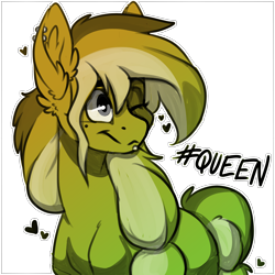 Size: 2000x2000 | Tagged: safe, artist:spoopygander, derpibooru import, oc, oc only, oc:graphite sketch, earth pony, pony, ear fluff, ear piercing, earring, female, heart, jewelry, mare, multicolored hair, one eye closed, outline, piercing, smiling, solo, style emulation, text, wink