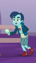 Size: 334x580 | Tagged: safe, derpibooru import, screencap, henry handle, manestrum, better together, equestria girls, rollercoaster of friendship, background human, clothes, cropped, food, ice cream, male, running, shoes, shorts, smiling, sneakers
