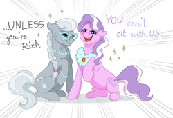 Size: 1748x1195 | Tagged: artist needed, safe, artist:ali-selle, diamond tiara, silver spoon, earth pony, pony, cantsit, duo, fanfic art, female, filly, funny, girly, jewelry, mare, tiara