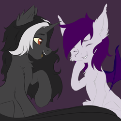 Size: 2000x2000 | Tagged: safe, artist:urpone, derpibooru import, oc, oc only, oc:aishu, oc:magnu, bat pony, pony, unicorn, bat pony oc, black and white mane, couple, eyes closed, fangs, happy, laughing, long tail, looking at each other, magshu, oc x oc, purple mane, red eyes, shipping, smiling