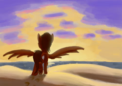 Size: 2380x1683 | Tagged: safe, artist:geljado, derpibooru import, oc, oc only, oc:masked fallen angel, pegasus, pony, beach, digital art, solo, sunset, walking