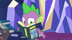 Size: 1280x720 | Tagged: safe, derpibooru import, screencap, spike, dragon, father knows beast, book, library, male, solo, twilight's castle, twilight's castle library, winged spike