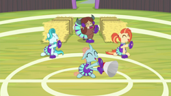 Size: 1920x1080 | Tagged: safe, screencap, lighthoof, ocellus, shimmy shake, yona, changedling, changeling, earth pony, pony, yak, 2 4 6 greaaat, cheerleader outfit, clothes, cloven hooves, female, mare, monkey swings, pom pom