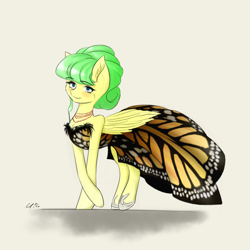 Size: 3000x3000 | Tagged: safe, artist:maneingreen, oc, oc only, oc:plumette, butterfly, pegasus, pony, clothes, dress, high res, horseshoes, jewelry, monarch butterfly, necklace, simple background, solo, white background