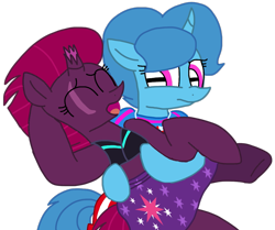 Size: 1257x1050 | Tagged: safe, artist:徐詩珮, fizzlepop berrytwist, spring rain, tempest shadow, pony, unicorn, series:sprglitemplight diary, series:sprglitemplight life jacket days, series:springshadowdrops diary, series:springshadowdrops life jacket days, broken horn, clothes, cute, female, horn, lesbian, lifeguard, lifeguard spring rain, shipping, spring rain is not amused, springbetes, springshadow, swimsuit, tempestbetes, unamused