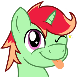 Size: 1000x1000 | Tagged: safe, artist:toyminator900, oc, oc only, oc:jonin, pony, unicorn, bust, male, one eye closed, simple background, smiling, solo, tongue out, transparent background, wink