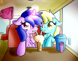 Size: 3155x2473 | Tagged: safe, artist:kimjoman, sassaflash, sea swirl, seafoam, pegasus, pony, unicorn, background pony, cellphone, chest fluff, diner, female, lesbian, milkshake, phone, pitcher, sassaswirl, selfie, sharing a drink, shipping, smartphone