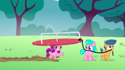 Size: 1440x807 | Tagged: safe, derpibooru import, screencap, aquamarine, first base, lily longsocks, earth pony, pony, crusaders of the lost mark, background pony, colt, female, filly, foal, male, merry-go-round, mouth hold, raised hoof, super strength, trio