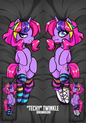 Size: 610x878 | Tagged: safe, artist:techycutie, derpibooru import, oc, oc only, oc:techy twinkle, pony, unicorn, bedroom eyes, bedsheets, blue eyes, body pillow, body pillow design, clothes, female, lip bite, pillow, pink mane, rainbow hair, socks, solo, striped socks