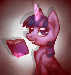 Size: 1448x1536 | Tagged: safe, artist:shkura2011, twilight sparkle, twilight sparkle (alicorn), alicorn, pony, book, bust, cute, female, levitation, magic, mare, shadow, smiling, solo, telekinesis, twiabetes