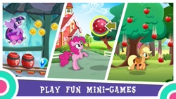 Size: 889x500 | Tagged: safe, derpibooru import, applejack, pinkie pie, twilight sparkle, twilight sparkle (alicorn), alicorn, earth pony, pony, apple tree, barrel, game, gameloft, ponyville schoolhouse, tree