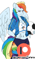 Size: 600x1000 | Tagged: safe, artist:tatara94, derpibooru import, rainbow dash, anthro, ball, belly button, cutie mark on clothes, equestria girls outfit, female, football, looking at you, midriff, patreon, patreon logo, simple background, solo, sports, white background, wristband