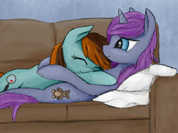 Size: 600x452 | Tagged: safe, artist:restartbob, derpibooru import, oc, oc only, oc:mercury vapour, oc:morning shadow, earth pony, pony, female, happy, hug, lesbian, pillow, smiling, sofa