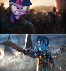 Size: 618x673 | Tagged: safe, edit, grogar, twilight sparkle, anthro, avengers, avengers: endgame, captain america, marvel cinematic universe, meme, thanos, twilight vs grogar