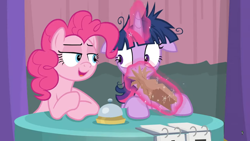 Size: 1366x768 | Tagged: safe, derpibooru import, screencap, pinkie pie, twilight sparkle, twilight sparkle (alicorn), alicorn, earth pony, pony, a trivial pursuit, bell, curtains, floppy ears, frazzled, levitation, magic, messy mane, nervous, notepad, paper bag, table, telekinesis