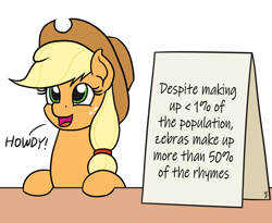 Size: 1100x900 | Tagged: safe, artist:mkogwheel edits, edit, applejack, earth pony, pony, zebra, applejack's sign, cute, dawwww, female, howdy, jackabetes, leaning, looking up, mare, meme, open mouth, parody, rhyme, sign, simple background, smiling, solo, table, text, weapons-grade cute, white background