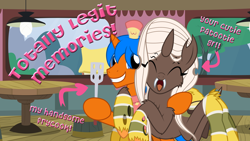 Size: 1920x1080 | Tagged: safe, artist:facelessjr, derpibooru import, oc, oc:eissen, changeling, hybrid, monster pony, original species, pony, spiderling, spiderpony, changeling oc, frycook, hug, implied mind control, spatula