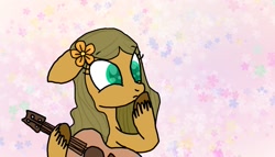 Size: 1182x676 | Tagged: safe, artist:primstreak97, oc, oc:flora propolis, earth pony, pony, base used, colored hooves, colored pupils, flax seed, flower, flower in hair, guitar, musical instrument, parent:flax seed, parent:wheat grass, wheat grass, wingding eyes