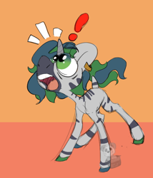 Size: 456x533 | Tagged: safe, artist:lilsunshinesam, derpibooru import, oc, oc:forest glade, hybrid, zebra, zebracorn, zony, ear piercing, earring, exclamation point, jewelry, male, open mouth, piercing, solo, surprised