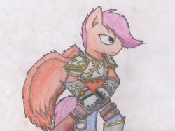 Size: 1094x817 | Tagged: safe, artist:dashinthedark, scootaloo, anthro, pegasus, arm hooves, armor, clothes, female, gauntlet, solo, sword, traditional art, weapon