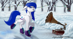 Size: 2970x1620 | Tagged: safe, artist:moonlightstrange, derpibooru import, oc, oc only, oc:sirius dreams, earth pony, pony, female, gramophone, ice, ice skating, mare, snow, solo