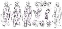 Size: 1874x888 | Tagged: safe, artist:tea-redrex, oc, oc only, anthro, earth pony, unguligrade anthro, amputee, clothes, earth pony oc, gun, lineart, monochrome, prosthetic limb, prosthetics, weapon