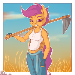 Size: 1200x1200 | Tagged: safe, artist:neko-me, scootaloo, anthro, apple bloomers, belly button, boobaloo, breasts, clothes, female, fingerless gloves, gloves, grin, hay stalk, hoe, looking at you, midriff, older, pants, smiling, solo, straw in mouth, tanktop