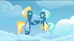 Size: 1920x1080 | Tagged: safe, screencap, lightning streak, misty fly, pegasus, pony, the last problem, clapping, clothes, cloud, female, flying, male, mare, out of context, stallion, uniform, wonderbolts, wonderbolts uniform