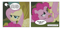 Size: 868x416 | Tagged: safe, artist:dziadek1990, edit, edited screencap, screencap, fluttershy, pinkie pie, earth pony, pegasus, pony, bridle gossip, annoyed, comic, conversation, dialogue, female, flutterguy, food, mare, poison joke, sad, salad, screencap comic, slice of life, spitty pie, text, tongue out, translation, unamused