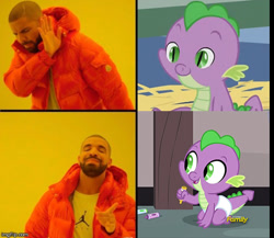 Size: 500x433 | Tagged: safe, edit, edited screencap, screencap, spike, dragon, sparkle's seven, the cutie mark chronicles, baby, baby dragon, baby spike, crayon, crayon drawing, cropped, cute, diaper, drake, eyebrows, happy, hotline bling, improvement, male, newborn, outfit catalog, smiling, solo, spikabetes, traditional art, young, younger