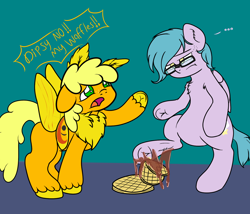 Size: 1200x1025 | Tagged: safe, artist:pavlovzdawg, derpibooru import, oc, oc only, oc:dipsy, oc:iona, pony, food, glasses, waffle