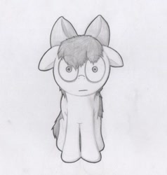 Size: 687x721 | Tagged: safe, artist:dashinthedark, apple bloom, earth pony, pony, :, creepy, female, filly, floppy ears, grayscale, looking at you, monochrome, shrunken pupils, solo, staring into your soul, traditional art