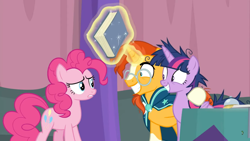 Size: 1366x768 | Tagged: safe, derpibooru import, screencap, pinkie pie, sunburst, twilight sparkle, twilight sparkle (alicorn), alicorn, earth pony, pony, a trivial pursuit, bell, book, frazzled, hoof on shoulder, levitation, magic, messy mane, smiling, table, telekinesis