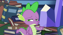 Size: 1280x720 | Tagged: safe, derpibooru import, screencap, spike, dragon, father knows beast, book, library, male, open mouth, solo, twilight's castle, twilight's castle library