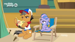 Size: 1366x768 | Tagged: safe, screencap, quibble pants, wind sprint, earth pony, pegasus, pony, common ground, brochure, camping, chair, discovery family logo, museum, squint, stairs, tent, unimpressed