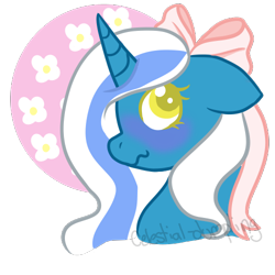 Size: 500x500 | Tagged: safe, artist:celestial-dumpling, derpibooru import, oc, oc only, oc:fleurbelle, alicorn, pony, alicorn oc, blushing, bow, female, flower, hair bow