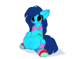 Size: 1062x830 | Tagged: safe, artist:little-sketches, oc, oc only, oc:cirrus updraft, pegasus, pony, belly, blushing, chest fluff, clothes, cute, eye clipping through hair, female, fluffy, hoodie, hoof on belly, kicking, mare, pregnant, rainbow socks, simple background, sitting, socks, solo, striped socks, weapons-grade cute, white background