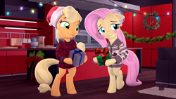 Size: 3840x2160 | Tagged: safe, artist:owlpirate, applejack, fluttershy, earth pony, pegasus, pony, semi-anthro, 3d, appleshy, blushing, christmas, clothes, dork, female, gift wrapped, hat, holiday, lesbian, santa hat, shipping, source filmmaker