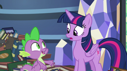 Size: 1280x720 | Tagged: safe, derpibooru import, screencap, spike, twilight sparkle, twilight sparkle (alicorn), alicorn, dragon, father knows beast, book, library, twilight's castle, twilight's castle library