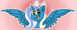 Size: 1979x791 | Tagged: safe, artist:thefrostyphoenix, derpibooru import, oc, oc only, oc:fleurbelle, alicorn, pony, alicorn oc, bow, female, hair bow, spread wings, wings