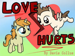 Size: 800x600 | Tagged: safe, artist:daviscollus, pound cake, pumpkin cake, pegasus, pony, unicorn, bow, caketwincest, clopfic in source, colt, cover art, fanfic, fanfic art, female, filly, foal, heart, heartbreak, incest, looking at each other, love, male, pumpkin, shipping, straight, twincest