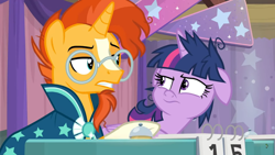 Size: 1366x768 | Tagged: safe, screencap, score, sunburst, twilight sparkle, twilight sparkle (alicorn), alicorn, pony, a trivial pursuit, bell, floppy ears, frazzled, messy mane, notepad, table