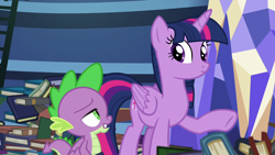 Size: 1280x720 | Tagged: safe, derpibooru import, screencap, spike, twilight sparkle, twilight sparkle (alicorn), alicorn, dragon, father knows beast, book, ladder, library, twilight's castle, twilight's castle library