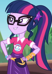 Size: 554x783 | Tagged: safe, screencap, sci-twi, twilight sparkle, better together, equestria girls, sunset's backstage pass!, clothes, collar, cropped, cute, female, forest, forest background, geode of telekinesis, glasses, hairclip, hands on hip, lidded eyes, logo, magical geodes, music festival outfit, ponytail, pouch, shirt, short sleeves, skirt, smiling, wrist wraps