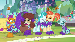 Size: 1920x1080 | Tagged: safe, screencap, lighthoof, ocellus, royal riff, shimmy shake, smolder, sunshower raindrops, yona, changedling, changeling, dragon, earth pony, pony, yak, 2 4 6 greaaat, buddy, cheerleader outfit, cheerleader smolder, clothes, cloven hooves, dragoness, female, mare, monkey swings, pom pom