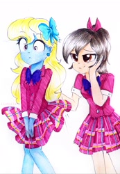 Size: 2322x3359 | Tagged: safe, artist:liaaqila, oc, oc:azure/sapphire, oc:zaria deibele, equestria girls, clothes, crossdressing, crystal prep academy uniform, femboy, male, school uniform, skirt, skirt lift