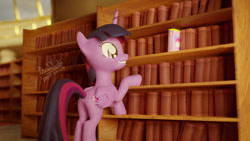 Size: 1920x1080 | Tagged: safe, artist:dashyoshi, derpibooru import, twilight sparkle, twilight sparkle (alicorn), alicorn, pony, 3d, book, bookshelf, solo, that pony sure does love books